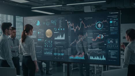 analysts evaluating cryptocurrency trends: collaborative team engaged with comprehensive data displayed on high-tech digital screens in modern workspace