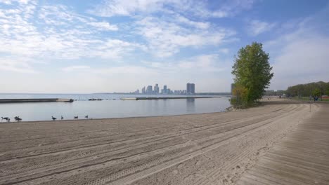 Caminando-Por-Una-Playa-En-El-Lago-Ontario-Cerca-De-Toronto