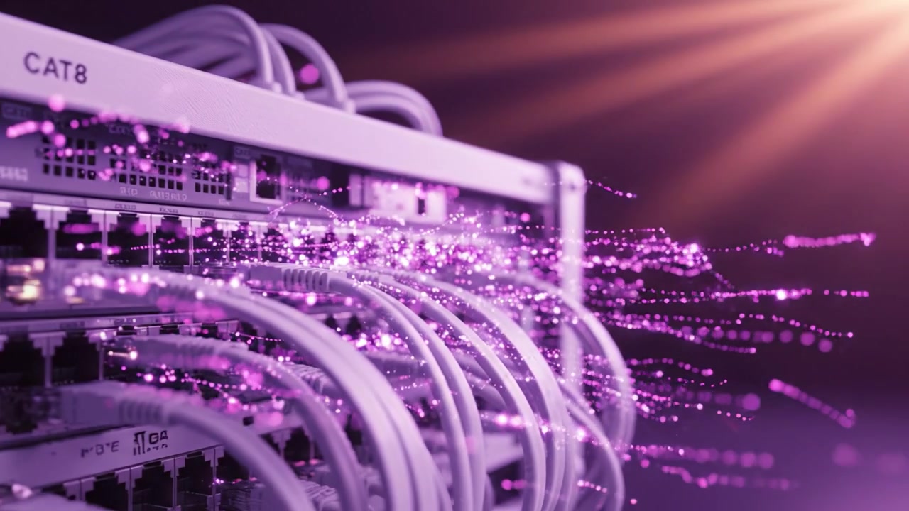 A Deep Dive into Network Infrastructure: Close-Up Views of Advanced Networking Equipment Featuring CAT8 Cables and Elegant Digital Glow Effects