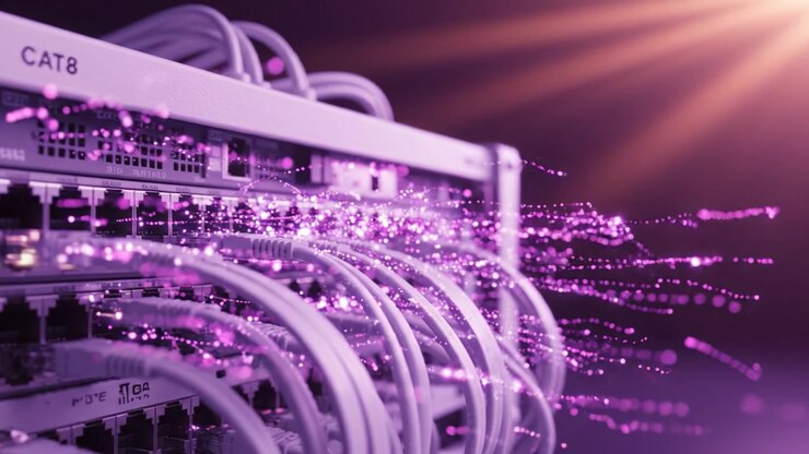 A Deep Dive into Network Infrastructure: Close-Up Views of Advanced Networking Equipment Featuring CAT8 Cables and Elegant Digital Glow Effects