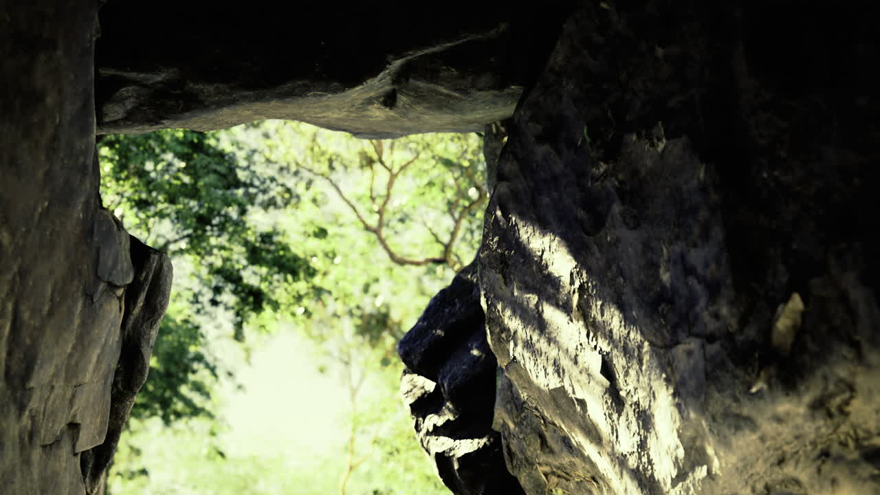 Light filtering through a rocky archway invites adventure in a lush forest