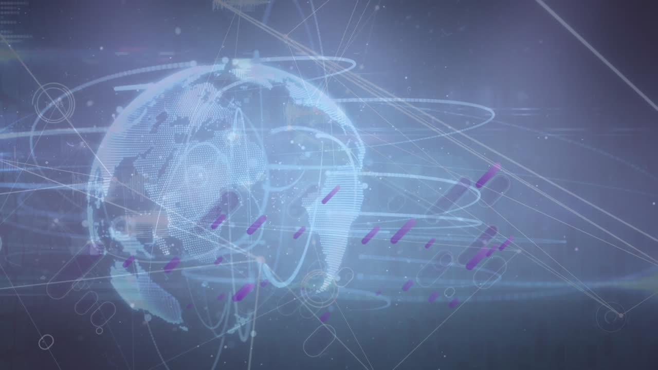 animación de formas púrpuras sobre datos digitales, globo y red de conexiones sobre fondo oscuro