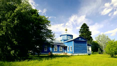 golovintsy, gomel district, gomel region, belarus. old wooden orthodox church of the protection of the holy virgin, intercession church at sunny summer day