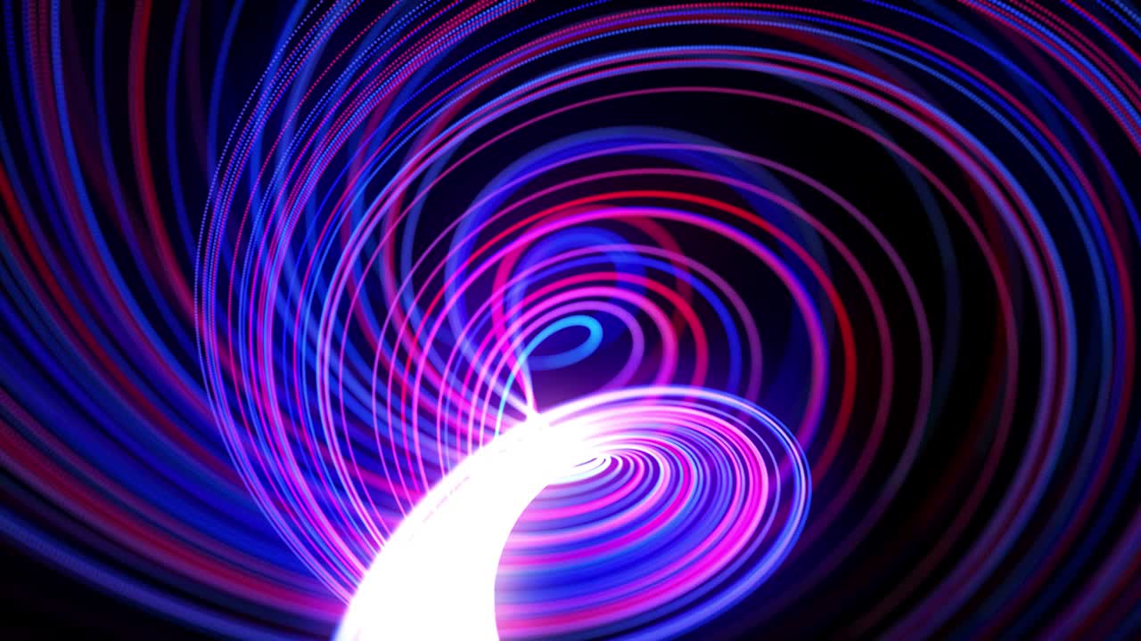 4k에서 빛의 흐름: 빛의 흔적과 함께 추상적인 루프 된 배경, 공간에서 빨간 파란 네온 선의 흐름은 루프 된 나선형 모양을 형성하기 위해 움직입니다.