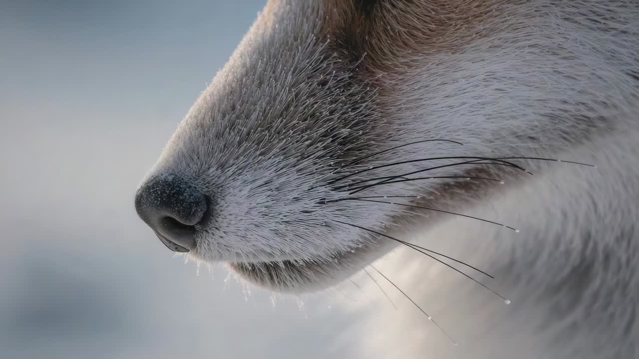 わずかな変化に反応し、雪の中で霜のついた鼻と光沢のあるヒゲの水滴を見せるキツネのようなマズル