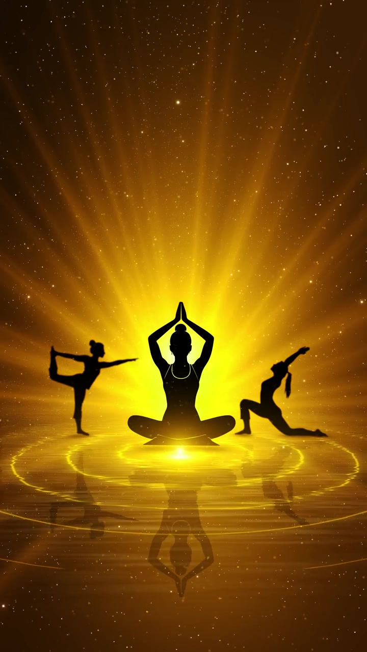 Donna che medita in un paesaggio naturale, sfondo spaziale, concetto di meditazione yoga, branding benessere.