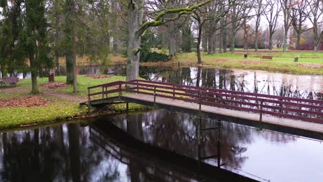 puente de madera en el parque sobre un estanque a finales del otoño en un día sombrío