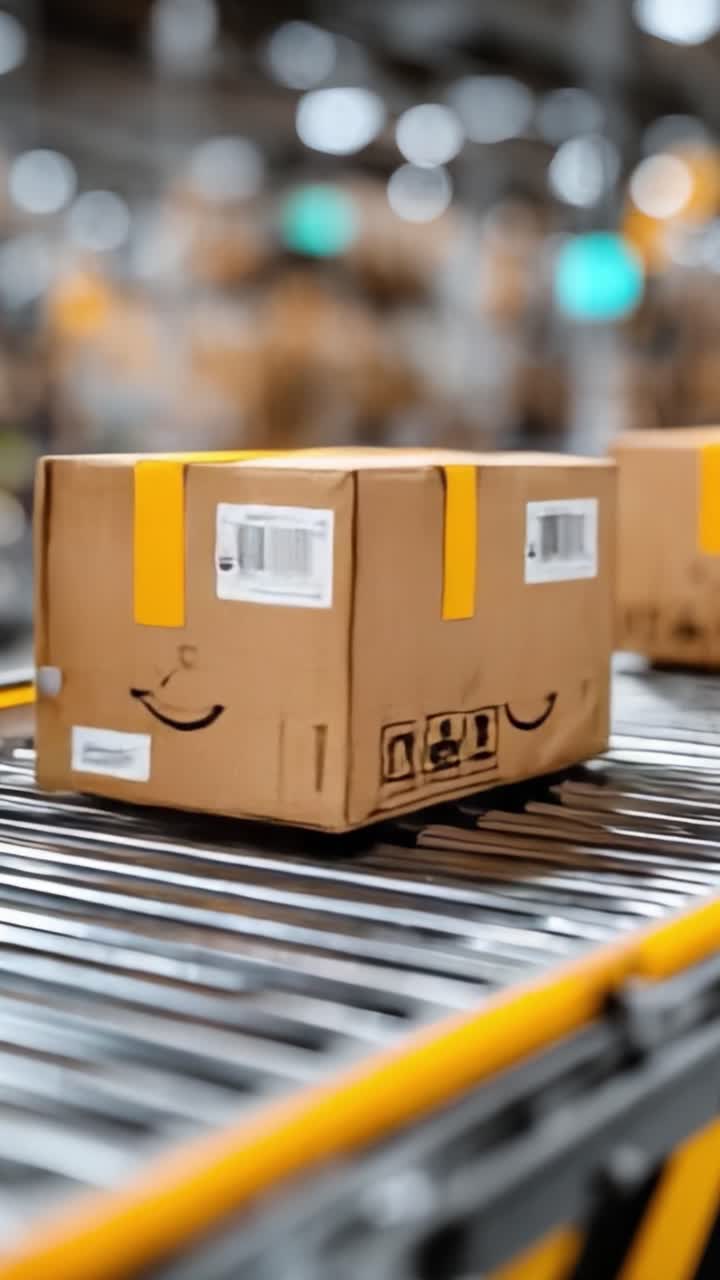 A Close-Up View of Commerce: Packages Traveling on a Conveyor Belt in a Busy Warehouse Environment, Showcasing the Dynamics of Shipping and Delivery Processes