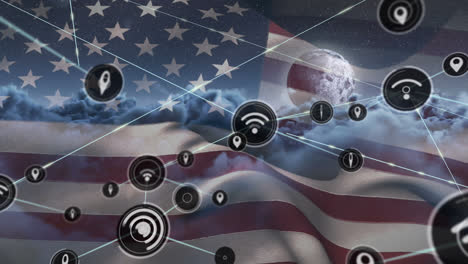 Animation-of-network-of-connection-and-icons-over-usa-flag-and-cloudy-sky