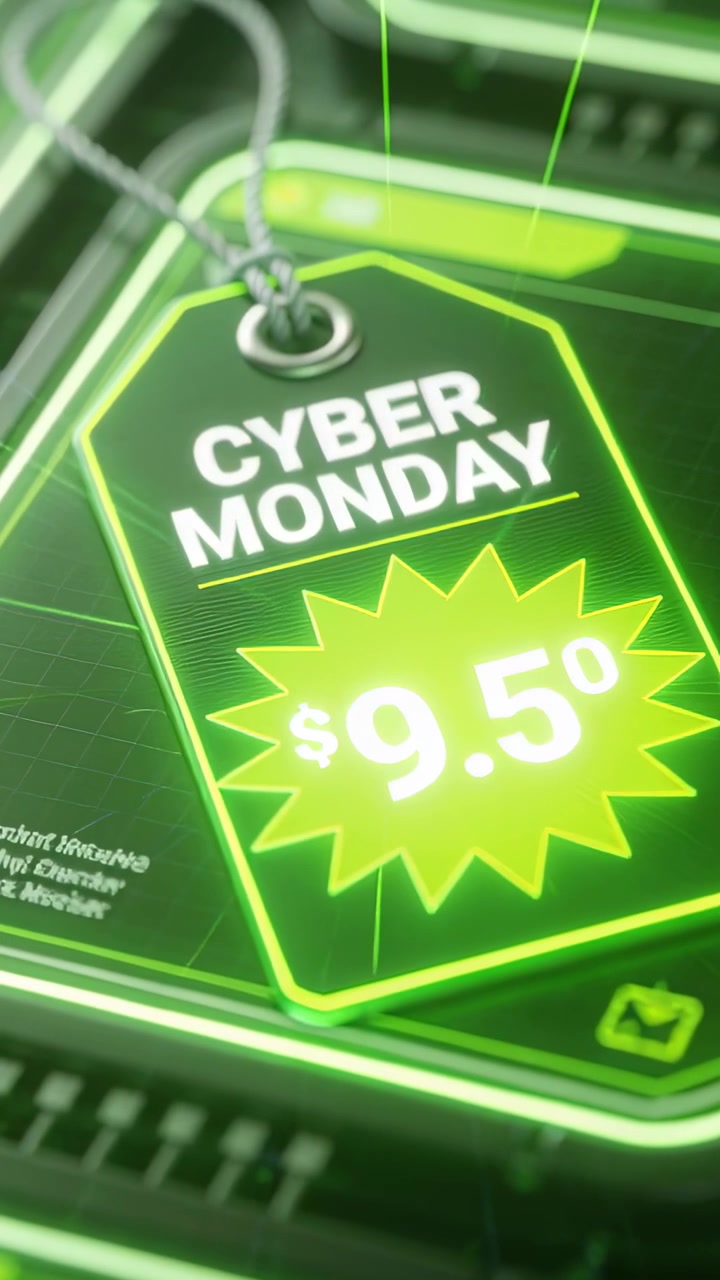 Wideo pionowe: Kamera przybliża, ukazując pulsującą etykietę CYBER MONDAY z ceną 9 USD.