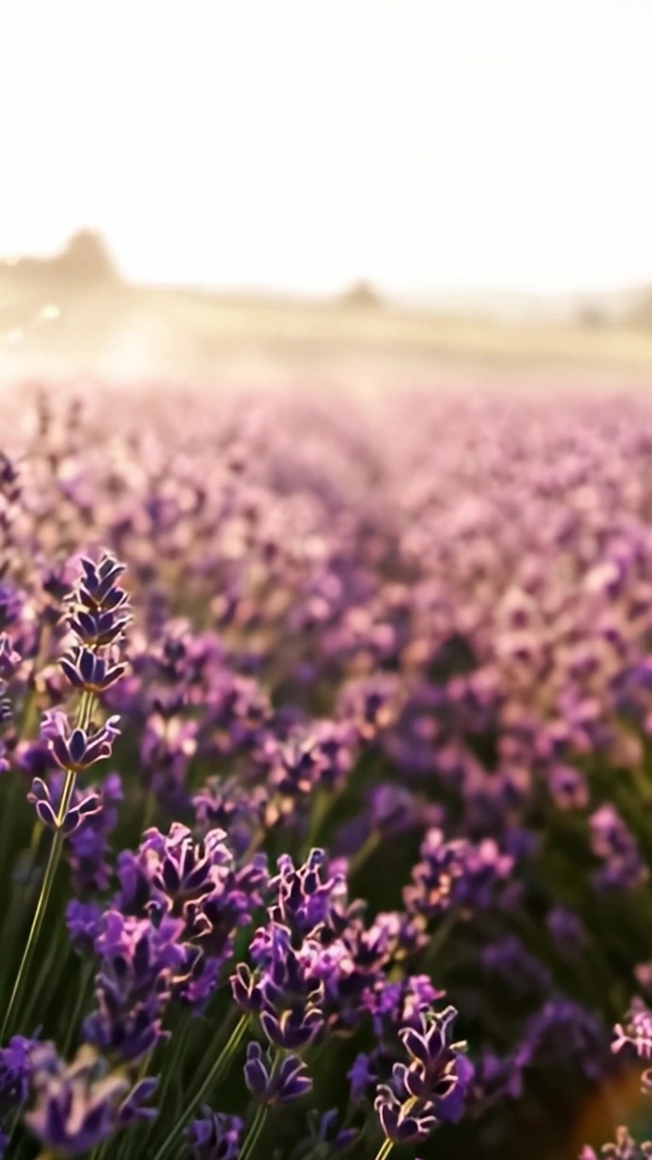 Campi di lavanda mozzafiato al tramonto: una distesa serena di fioriture viola bagnate dalla morbida luce della sera, che offre una fuga pacifica nella bellezza della natura.