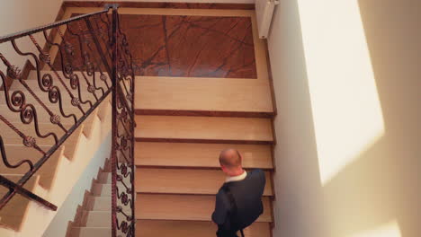 top view of business colleagues shaking hands on stairs