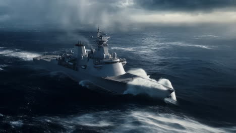 modern warship navigating stormy seas