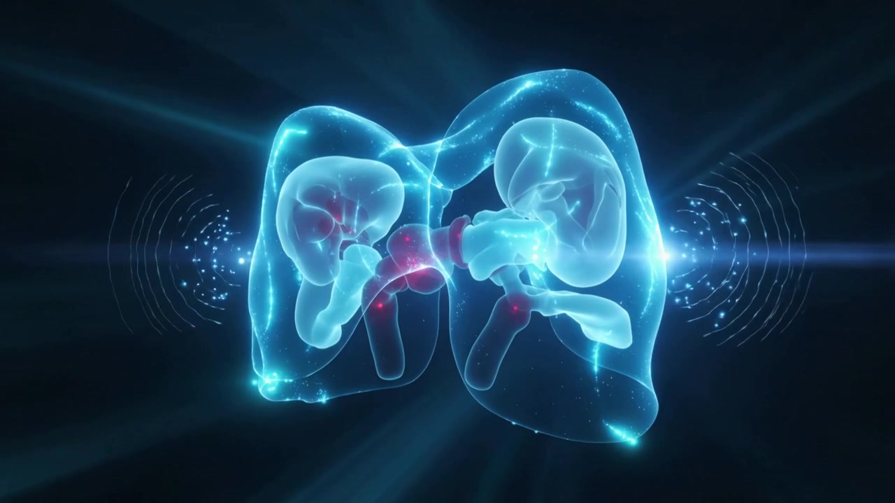Centrally pulsing hologram lungs rotating, emitting rings in dark void, showing red nodes for study