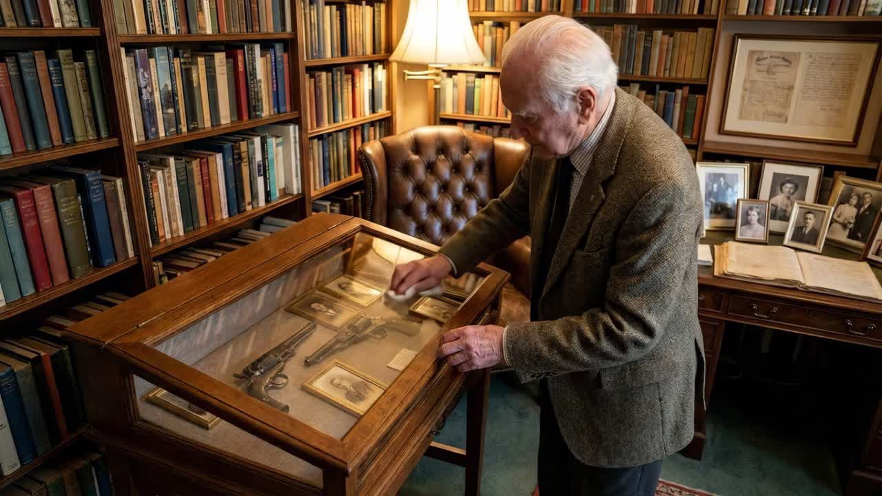 Un hombre limpiando una vitrina en una biblioteca