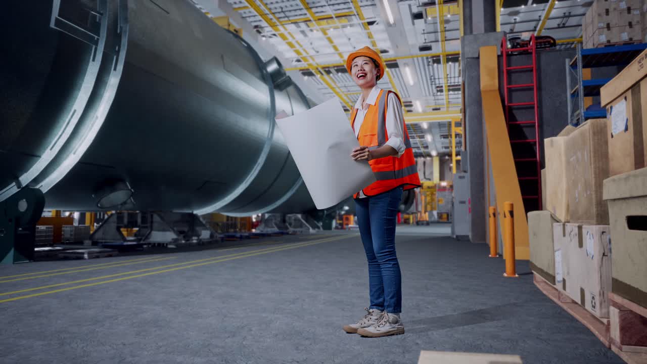 vista lateral completa del cuerpo de una ingeniera asiática con casco de seguridad mirando el plano en sus manos y mirando a su alrededor mientras está de pie en una fábrica de fabricación de tubos