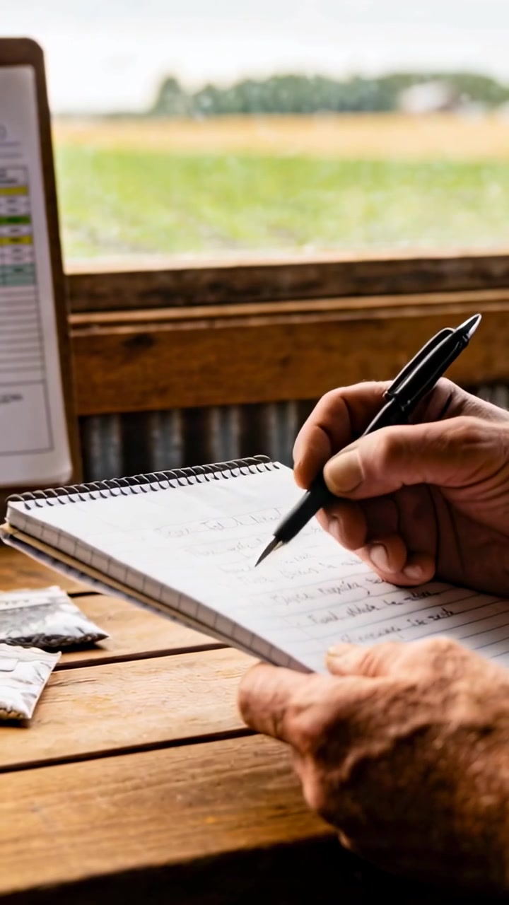 Vertical video: Using laptop, man in green tee turning pad, writing at farm window, logging seed