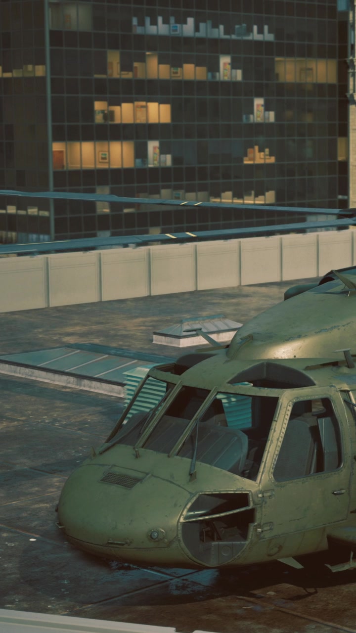 Helicopter on rooftop with nearby buildings in a cityscape setting