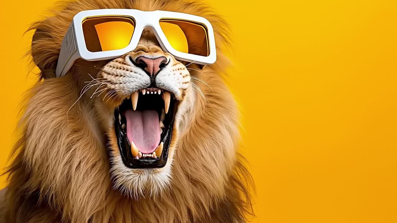A lion wearing 3D glasses with its mouth open and tongue out