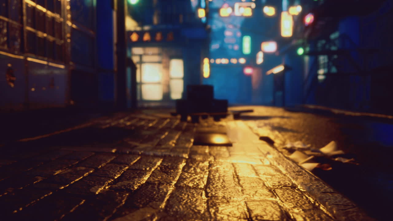 Moody urban alley illuminated by neon lights during a rainy night