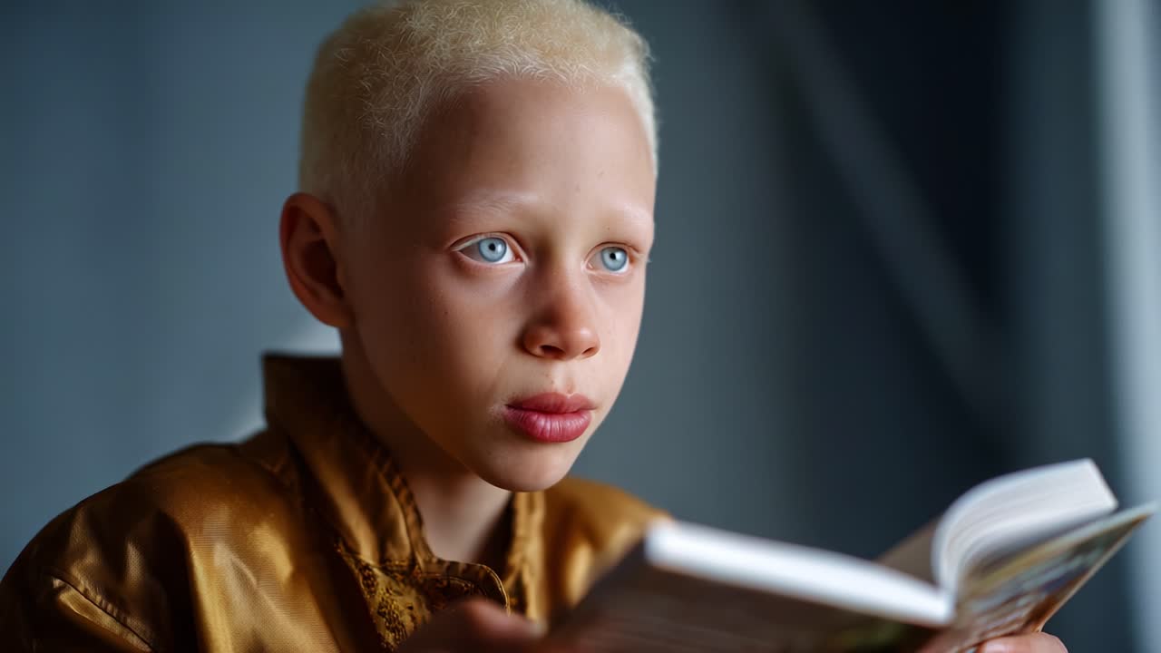Un giovane lettore concentrato, immerso in un libro con intensa curiosità e contemplazione, che mette in risalto la gioia di imparare attraverso la letteratura e l'immaginazione