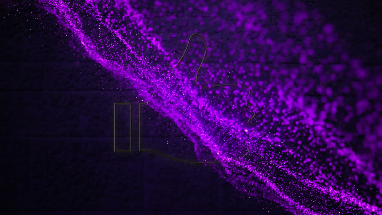 Animatie van neon geel like-icoon en gloeiende blauwpaarse golf tegen een bakstenen muurachtergrond