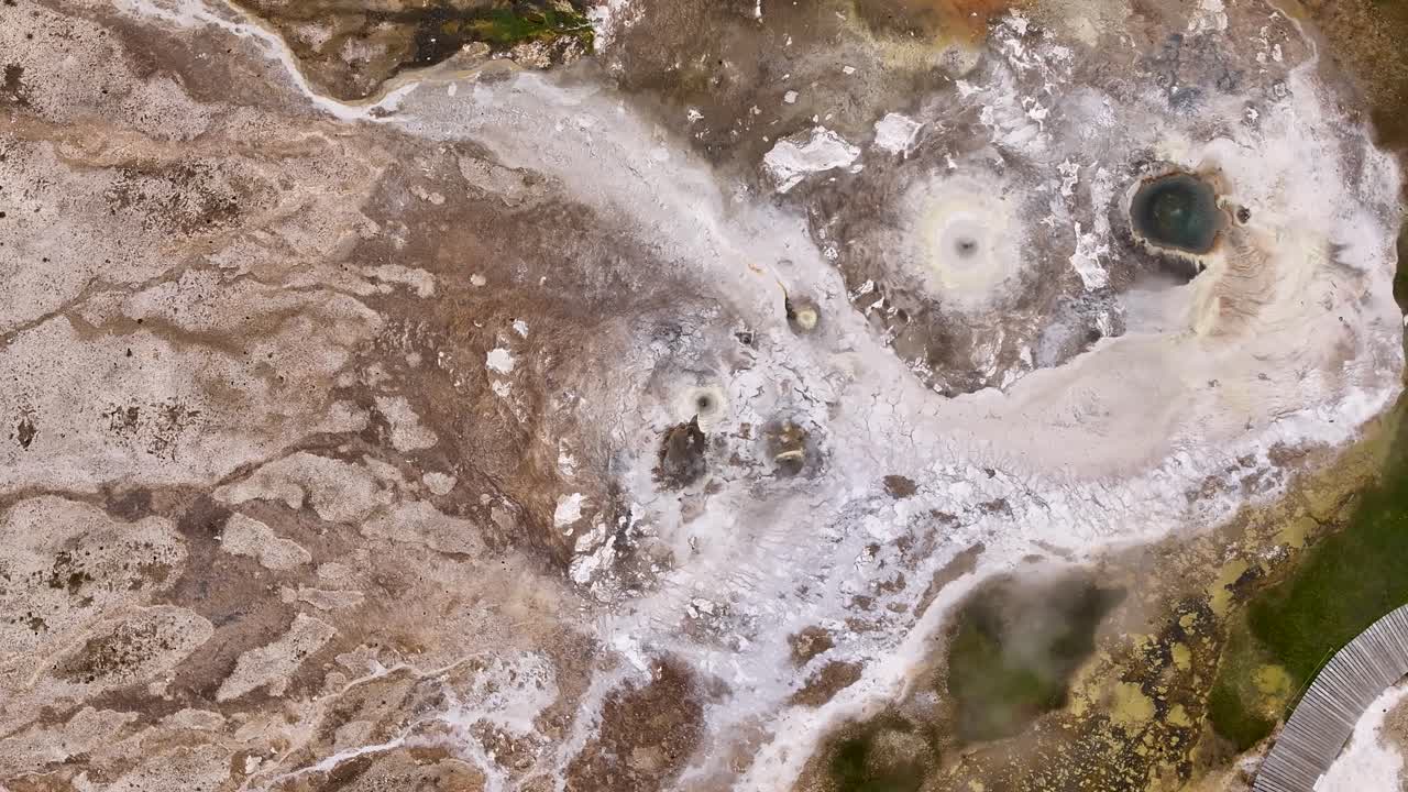 Aerial top down of geothermal hot spring fields of Hveravellir in Iceland. Sunny summer day in dangerous area of island