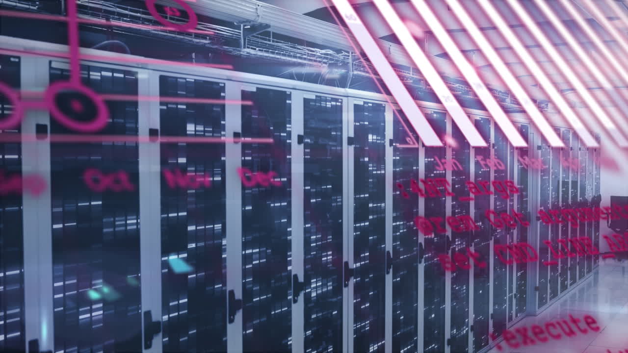 animación de gráficos, globos y lenguaje informático sobre barras en bastidores de servidores de datos