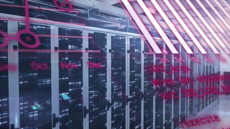 Animation of graphs, globe and computer language over bars on data server racks