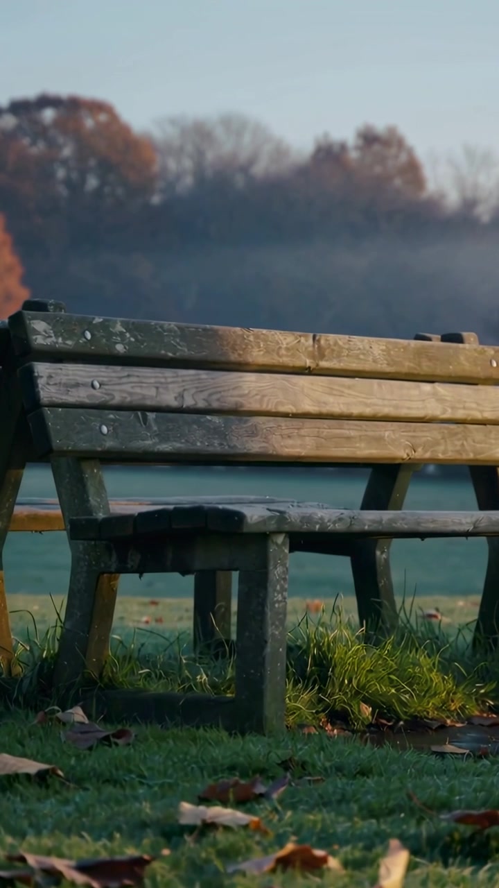 Vertical video: Shifting morning sunlight warming wooden park bench on grassy knoll, thinning mist
