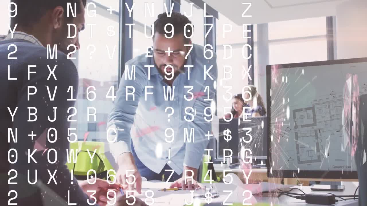 Animation of letters, numbers and data processing over diverse business people in office