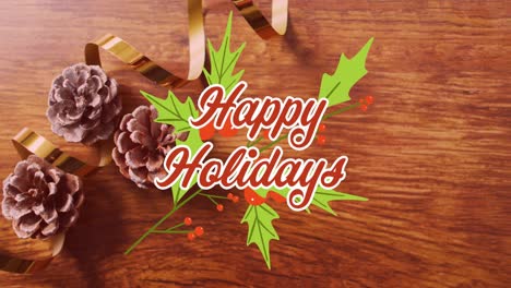 Animation-of-christmas-greetings-text-over-christmas-pine-cones-and-decorations