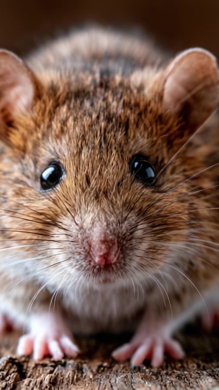Primo piano di un piccolo topo che mostra la texture dettagliata della pelliccia e gli occhi luminosi, catturando le adorabili caratteristiche di questo piccolo roditore nel suo habitat naturale.