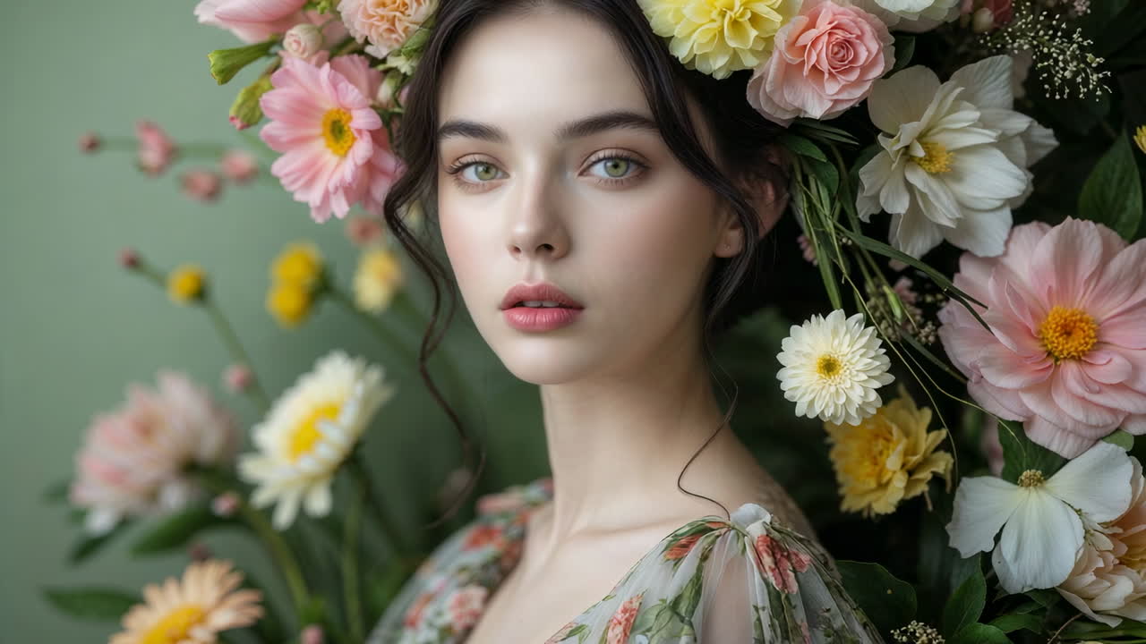 Donna Incantevole Adornata con una Vivace Composizione Floreale