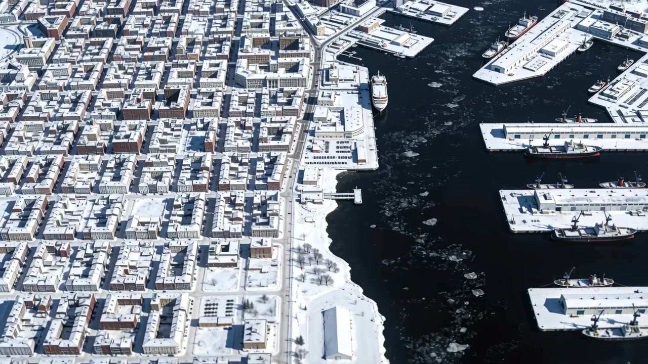 Drone con telecamera che si muove, panoramica lungo una griglia urbana e un porto innevati, ispezionando una nave ormeggiata.