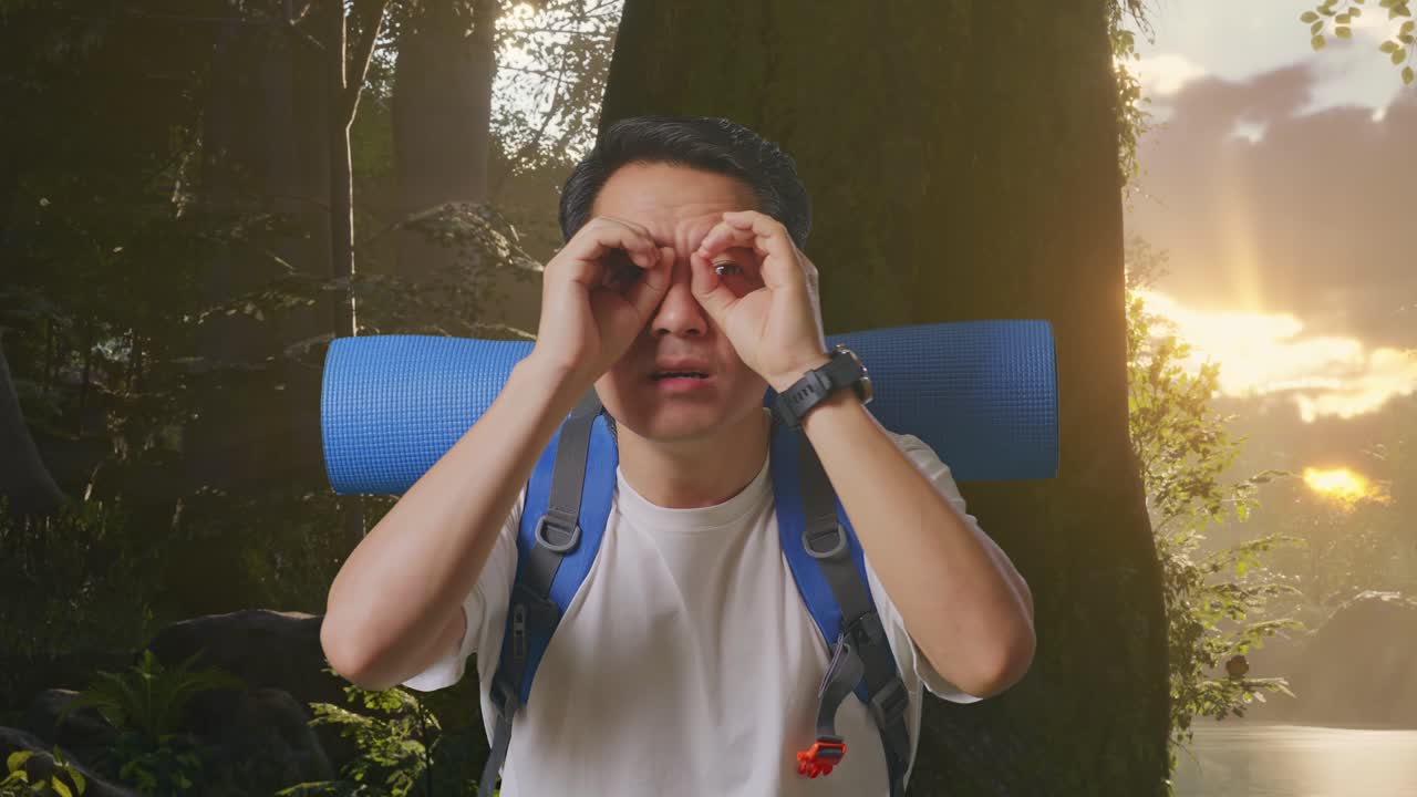 산악 배을 들고 있는 아시아 남성 산책객이 안경을 들고 무언가를 바라보는 몸짓을 하고 숲의 자연을 탐험하는 동안 와우라고 말합니다.