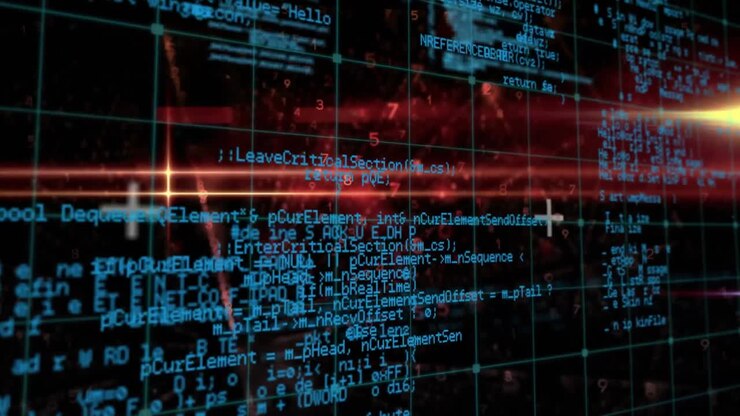 Animation of digital data processing over grid and glowing red lights