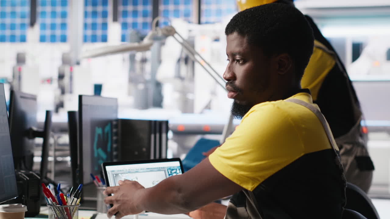 Vertical Video PC based solar technician reviews automation data in production factory