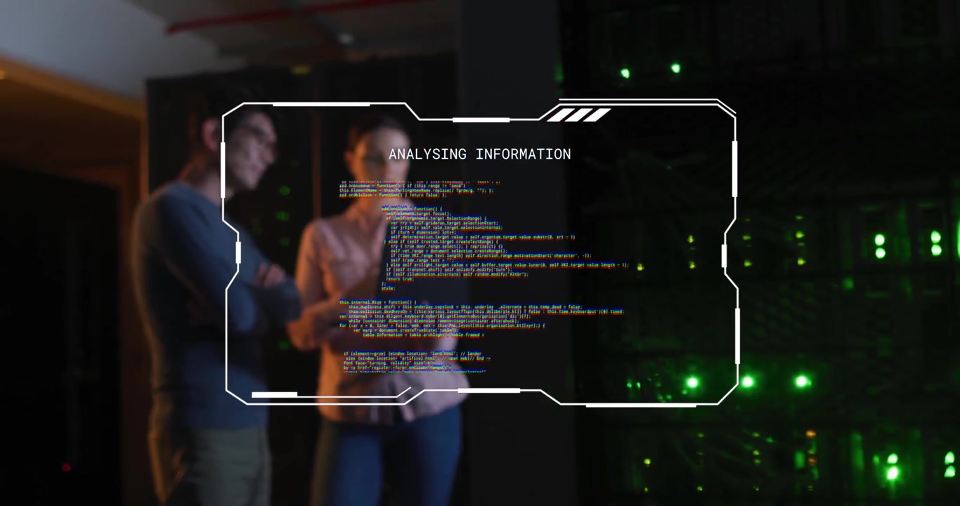 Two IT pros tapping tablet in server room, HUD updating then glitching then resolving analysis