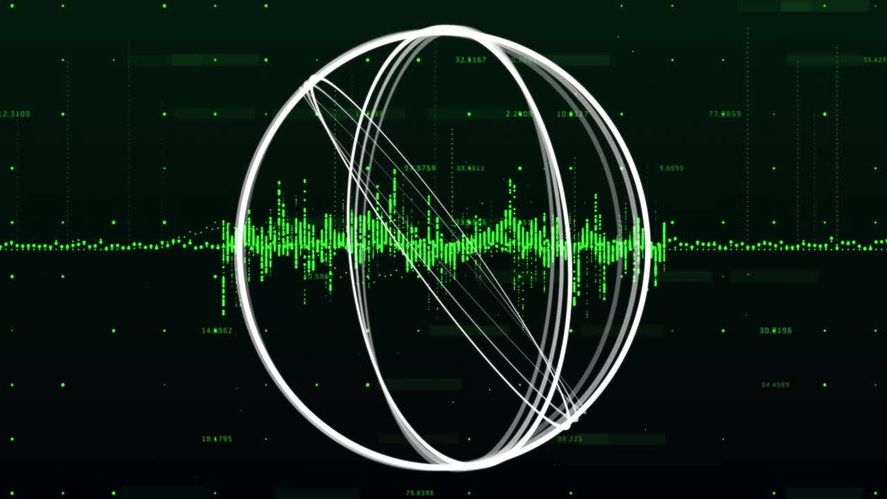 Rotating wireframe sphere with green soundwave, data visualization animation