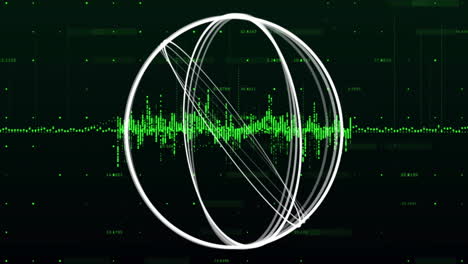 rotating wireframe sphere with green soundwave, data visualization animation