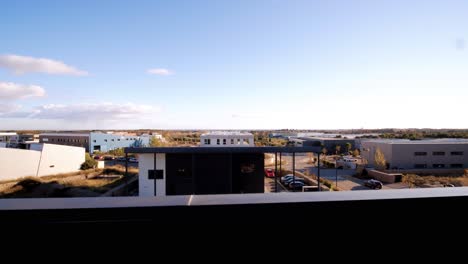 revealing shot of solar panels near a corporate office showcases sustainable energy integration