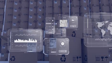 animación del procesamiento de datos en pantallas sobre cajas de cartón