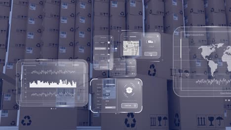 animation of data processing on screens over cardboard boxes