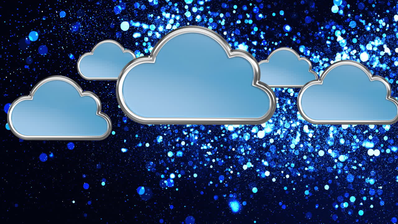 배경에 빛나는 파란색 반점 위에 디지털 파란색 구름의 애니메이션