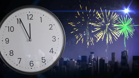 Animation-of-clock-ticking-showing-midnight-with-fireworks-on-black-background