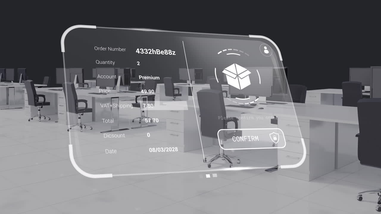 Animation of digital interface with data processing over office interior with desks and computers