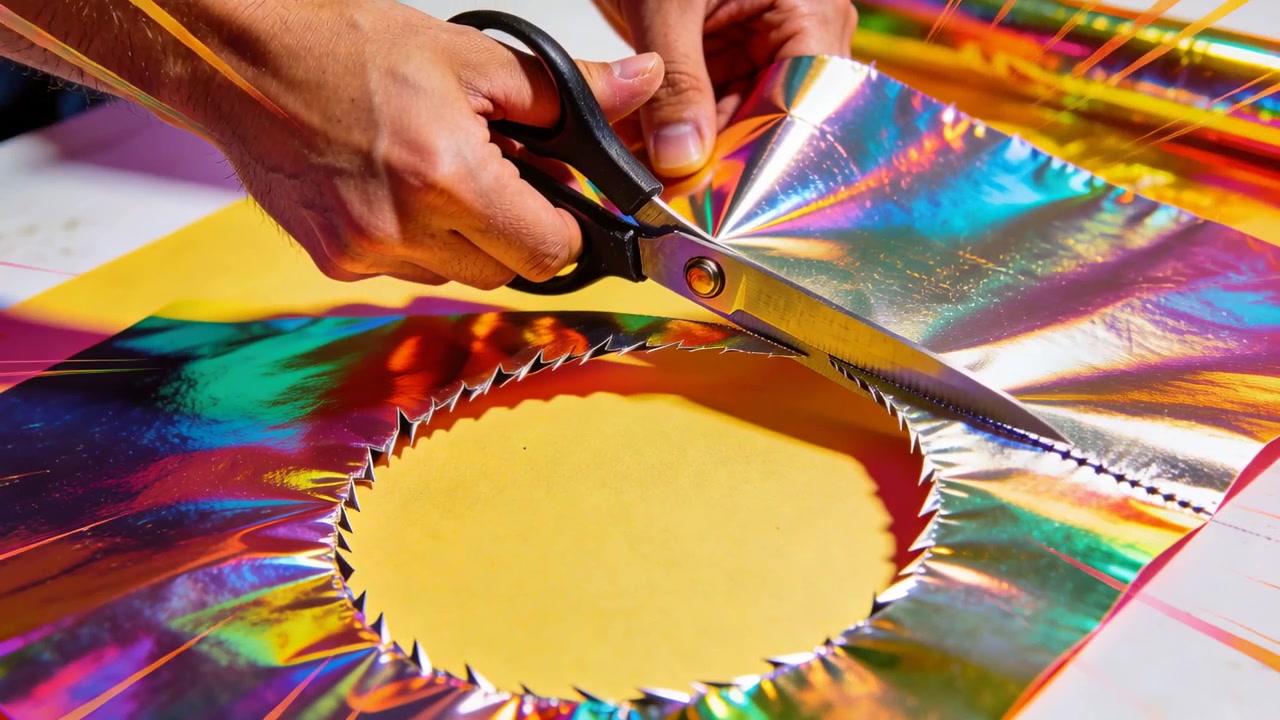 Holding holo foil, hands cutting sawtooth edge decorating yellow disc at craft table with scissors