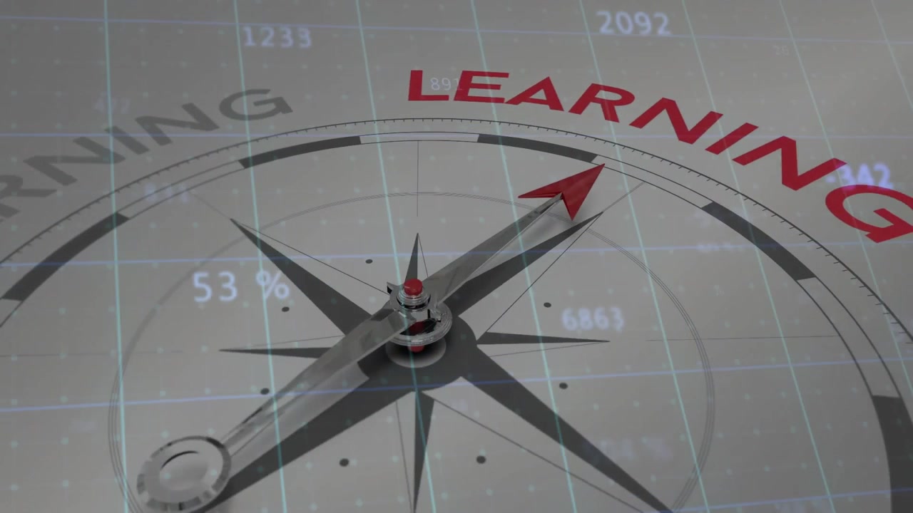 Dati fluttuanti che fanno girare l'ago della bussola in senso orario in un arco di apprendimento che mostra l'obiettivo di apprendimento.