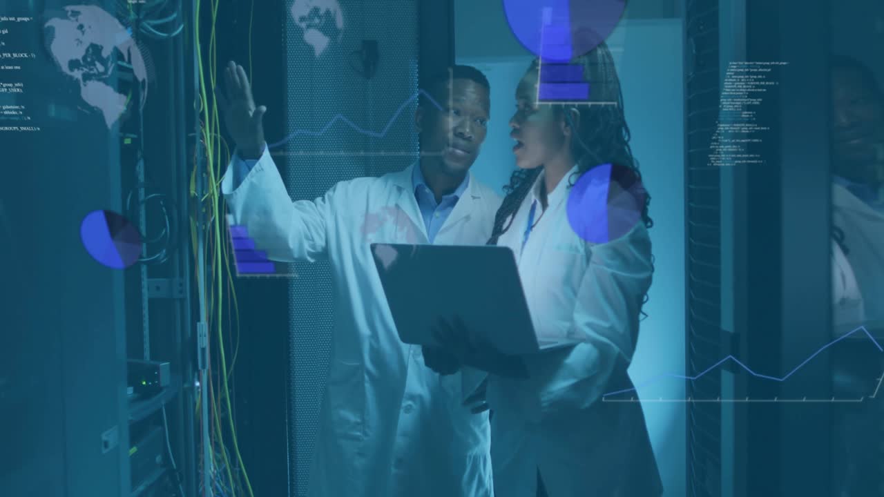 Tech pointing rack cables and colleague holding laptop initiating network monitoring data overlays